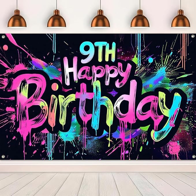 Neon 9th Happy Birthday Banner 71x43 Inch Paint Splatter Glow in The Dark Party Backdrop Colorful Wall Decor for Kids Boys Girls Ninth Birthday Celebrations Photo Booth Props Event