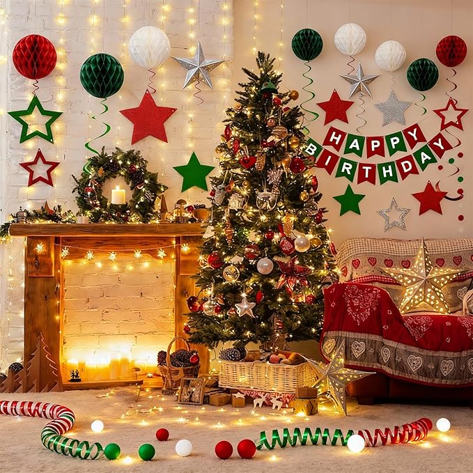 Red Green and White Birthday Decorations,Happy Birthday Banner with Honeycomb-Style Decorative Balls,Feet Circle Dot Garland,Stars Swirls Streamers,Happy Birthday Decorations for Women Men Girls Boys