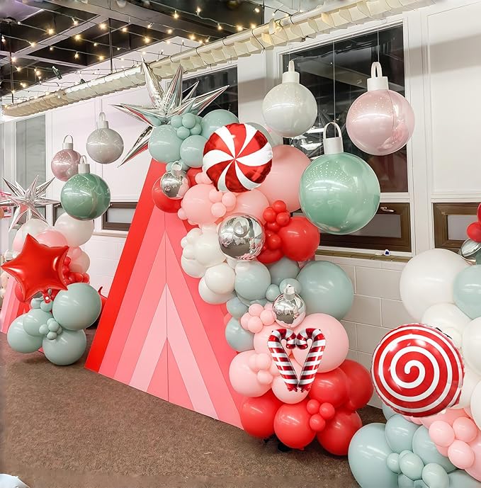 Christmas Balloons Set, 35pcs Xmas Baby Pink Red Light Green and Candy Cane Star Foil Balloons for Merry Christmas Candy Theme Candyland Party Baby Shower Gender Reveal New Year Decorations Supplies