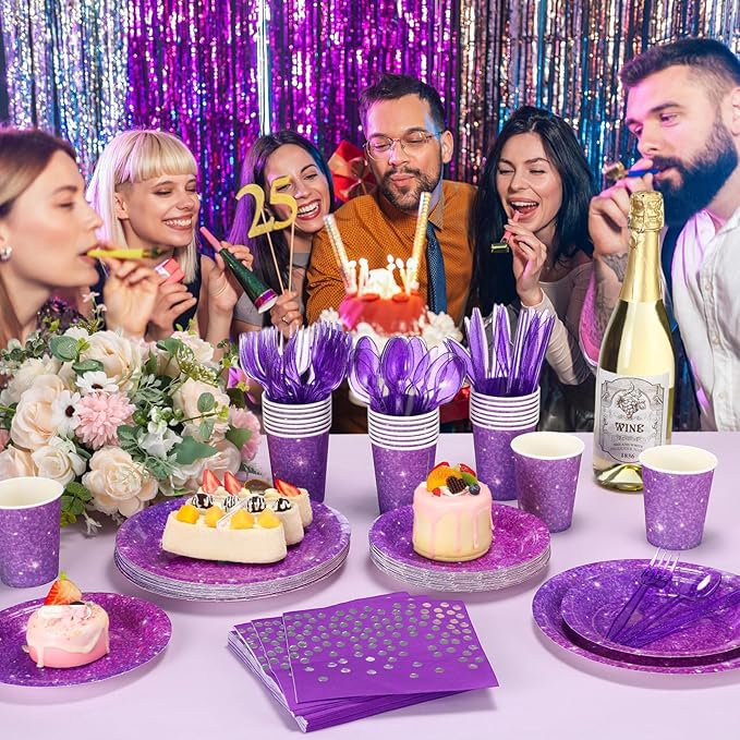 Hushee 175 Pcs Purple Holographic Print Party Supplies Guests Disposable Dinnerware Set Include Paper Plates, Napkins, Cups, Plastic Cutlery for Wedding Birthday Disco Bachelorette