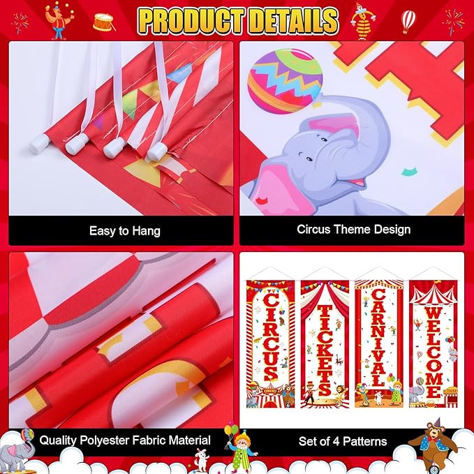 Panelee 4 Pcs Carnival Circus Party Decorations Welcome Carnival Circus Tickets Porch Banner Hanging Backdrop for Halloween Birthday Baby Shower Door Wall Indoor Outdoor Decor