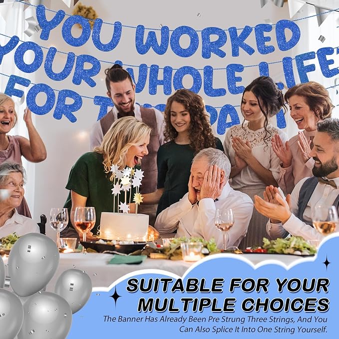 Fulmoon Pre Strung You Worked Your Whole Life for This Party Banner Funny Retirement Glitter Banner Graduation Party Decorations Going Away Supplies for Men Women Gifts, No DIY(Navy Blue)