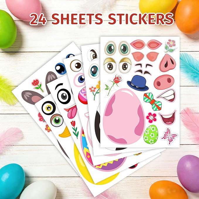 Easter Stickers for Kids, Easter Basket Stuffers Gifts for Kids, 24 Sheets DIY Happy Easter Make A Face Stickers Crafts with Eggs Themed Game Toys Classroom Activities Party Favor Supplies Decorations