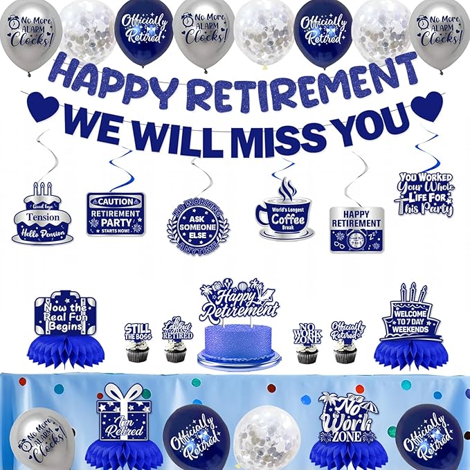 Retirement Party Decorations Men Women, Blue Silver Happy Retirement Decorations, Pre-Strung Happy Retlrement & We Will Miss You Banner, Balloons, Hanging Swirl, Cake Topper Retired Sash Honeycomb Set