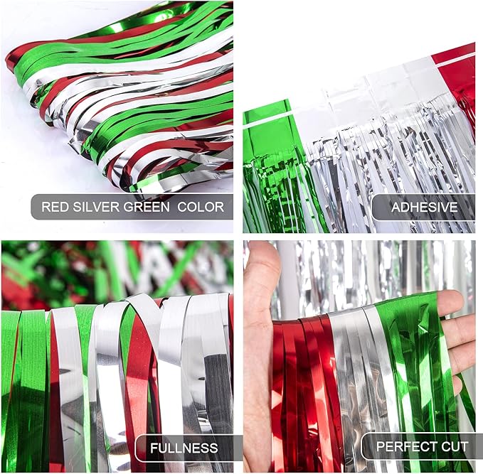 LOLStar 3 Pack Christmas Party Decorations 3.3 x 6.6ft Foil Fringe Curtains Red Silver Green Tinsel Metallic Photobooth Props Backdrop Streamers for Christmas in July, New Year, Ugly Sweater Party