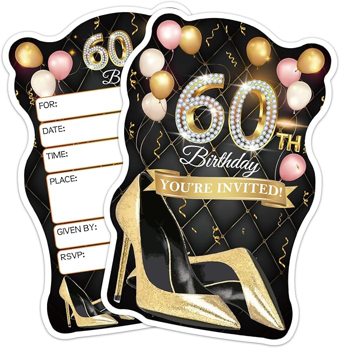 ERHACHAIJIA 20 PCS Pink Balloons & Black Golden High Heels Shaped Fill-In Invitations Cards With Envelopes, Funny 60th Birthday Party Happy 60 Year Old Birthday Invites For Women Lady Wife Mom Adults