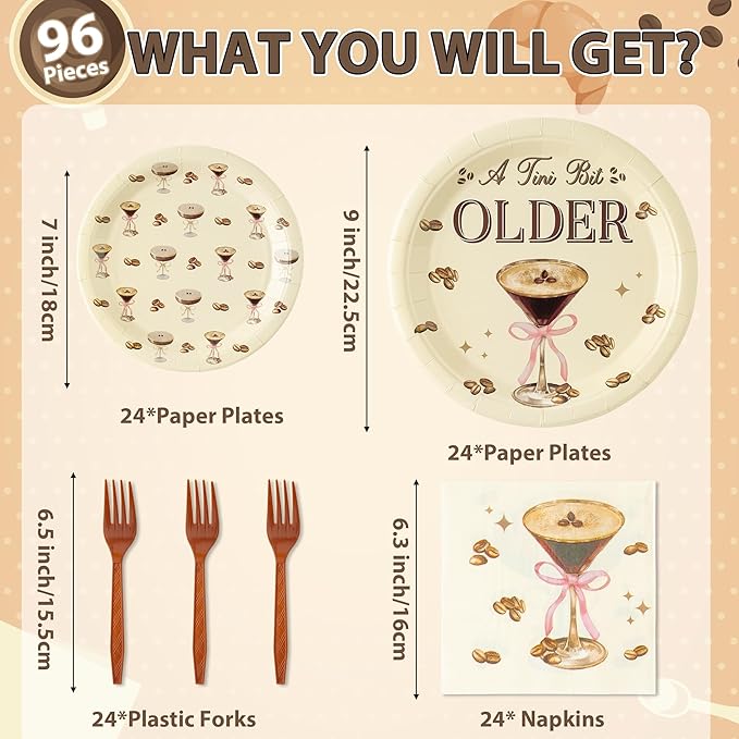 Martini Bow A Tini Bit Older Espresso Martini Cocktail Coffee Party Plates Supplies - Serves 24-96Pcs Party Tableware Decorations Disposable Paper Plates Napkin Fork for Birthday Bar Party