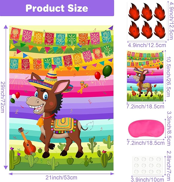NEBURORA Pin The Tail on The Donkey Mexican Donkey Game with 24Pcs Tails Cinco De Mayo Party Mexican Party Fiesta Themed Taco Party Decorations Kids Birthday Supplies