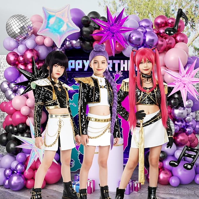 JOGAMS 175Pcs Dark Night Kpop Hunter Balloons Arch Kit, Black Metallic Pink Purple Disco Balloons with Iridescent Star Music Note Foil Balloons for K-Pop Music Disco Theme Birthday Concert-Style Stage