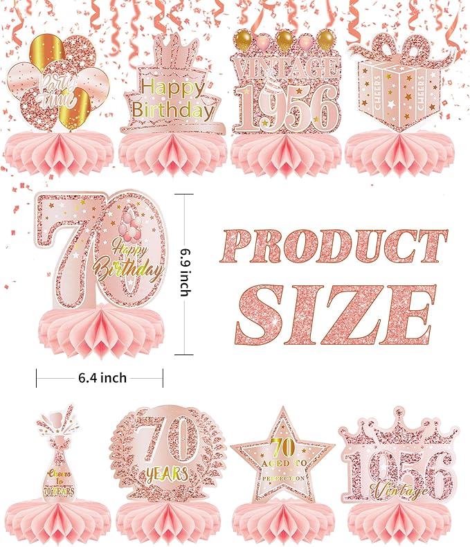 9 Pcs 70th Birthday Decoration for Women Happy 70th Birthday Table Honeycomb Decorations Rose Gold Pink Centerpieces Tables Toppers1956 Decor Cheers to 70 Years Old Birthday Party Favors
