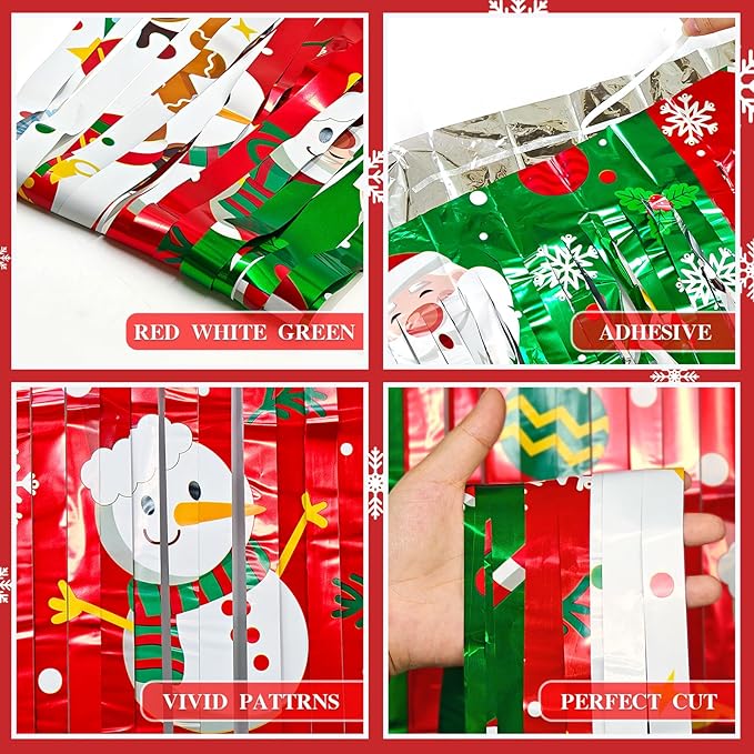 3 Pack Printed Christmas Foil Fringe Curtains, Red Green Tinsel Backdrop with Santa & Reindeer Patterns - Photo Booth Props for Ugly Sweater Party, Christmas in July & Winter Holiday Decor