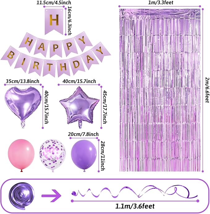 Pink Purple Birthday Decorations, Bday Party Supplies for Women Girls Princess with Happy Birthday Banner, Confetti Balloons, Fringe Curtain, Heart Star Foil Balloons, Hanging Swirls
