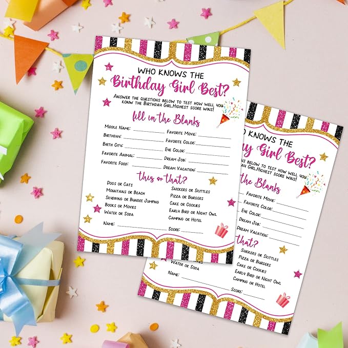 ALodr 20 Pieces Who Knows The Birthday Girl Best Cards - Birthday Party Decor Card Set Girly Themed Party Activities and Idea - Girl Birthday Supplies, Activity, Decorations