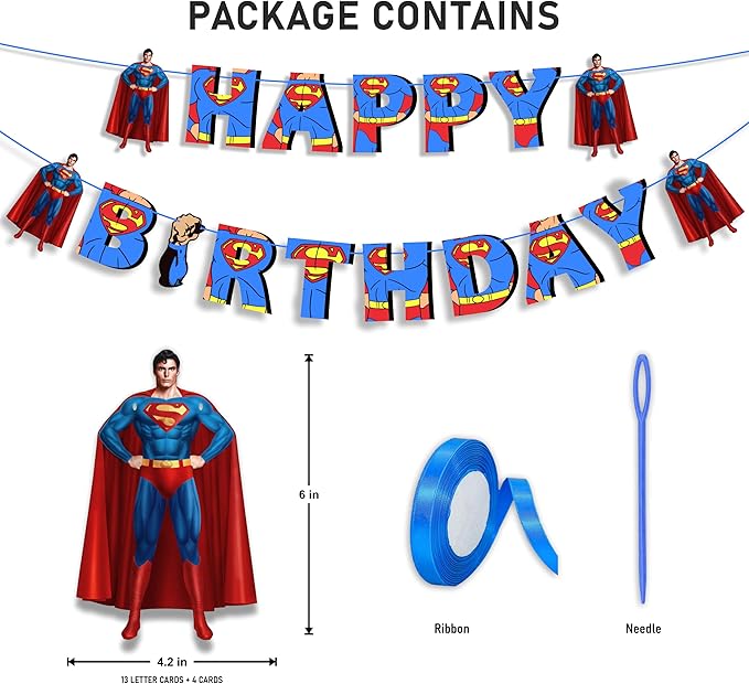 Suprmn Happy Birthday Banner – Superhero Themed Birthday Party Decoration – Durable, Reusable, and Easy to Hang Banner for Birthday Parties – Perfect Party Supplies for Boys and Girls Celebration