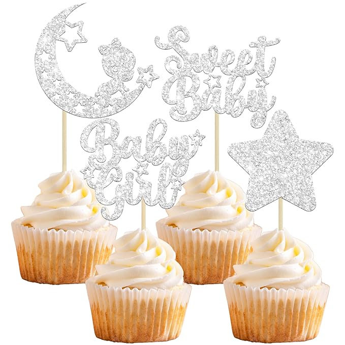 Gyufise 24Pcs Baby Shower Girl Cupcake Toppers with Moon Glitter Star Sweet Baby Gender Reveal Cupcake Picks Decorations for Baby Shower Kids Girls Birthday Party Supplies Silver