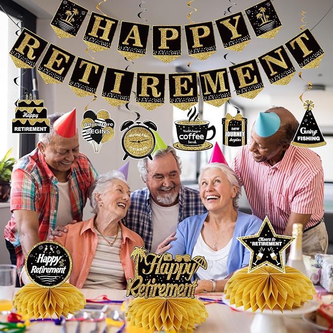 Happy Retirement Party Decorations Kit for Men Women, Black Gold Retirement Banner Honeycomb Centerpieces Swirls Retired Farewell Party Set Party Supplies for Indoor Outdoor