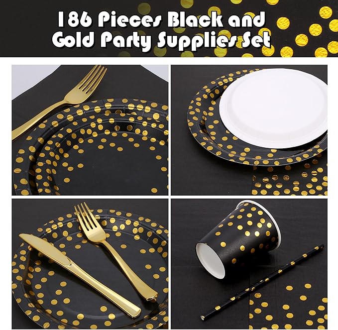 Sylken 186 Pieces Black and Gold Party Tableware Set - 25 Guests Paper Plates, Napkins,Paper Cups, and Tableware for Wedding Shower,graduations,cocktail parties,New Year Party,Birthday etc.