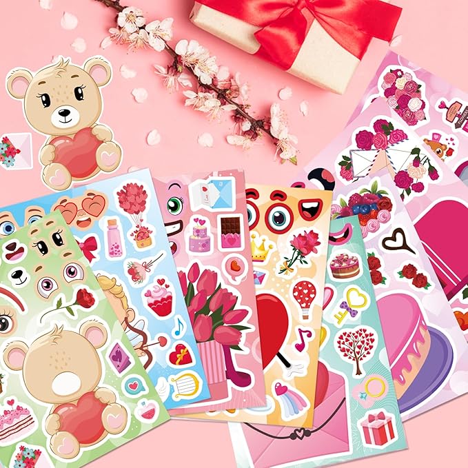 32 Sheets Valentine Stickers for Kids Toddlers, Make a Face Sticker Love Cake Bear Cupid Stickers for Kids Make Your Own Sticker Valentines Day Activities Party Favors