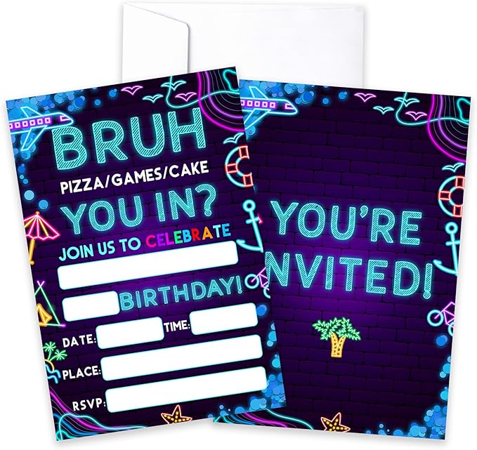CLIRBE Bruh Birthday Party Invitations, Glow Neon Invited Birthday Invitations For Brother Bro Teen Boys, 20 Invites Cards With 20 Envelopes, Party Supplies Favors -H04