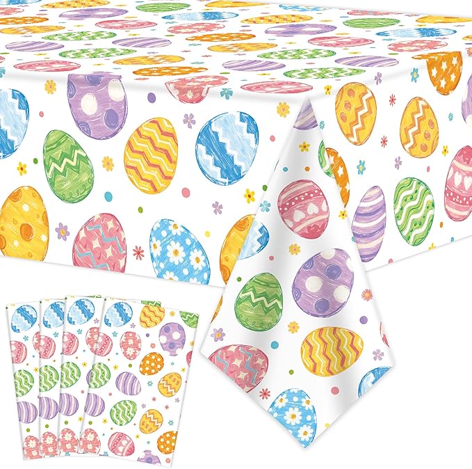 4 Pack Easter Plastic Tablecloth 54 x 108 Inch Oil Painting Easter Eggs Disposable Table Cloth Colorful Eggs Flowers Rectangle Table Covers for Spring Party Tables Decoration Home Kitchen Supplies