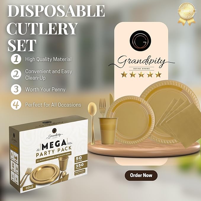 Grandipity 350 Piece Gold Disposable Dinnerware Set, Includes 50 of Each: 9" Dinner Plates, 7" Dessert Plates, 12oz Cups, Paper Napkins, Forks, Knives & Spoons