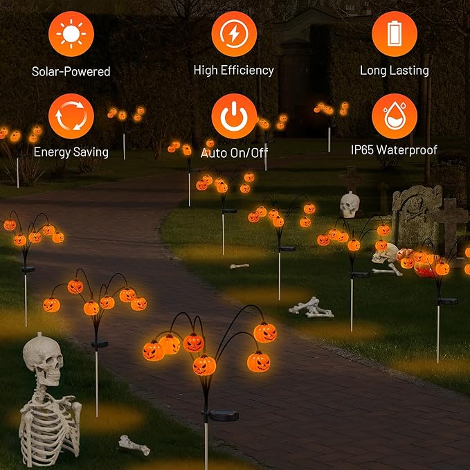 Solar Halloween Lights Outdoor Waterproof, 2 Pack Pumpkin Solar Lights for Outside Thankgiving Decor,12LED Orange Pumpkin Swaying Lamps for Garden Decor, Yard, Lawn, Party Decorations
