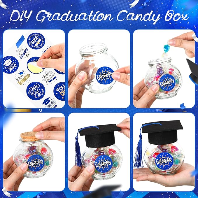 20 Sets Glass Graduation Cap Candy Jars Class of 2026 Graduation Party Decorations Candy Boxes Containers with Sticker for 2026 Grad Ceremony Party Supplies DIY(Blue and Gold)