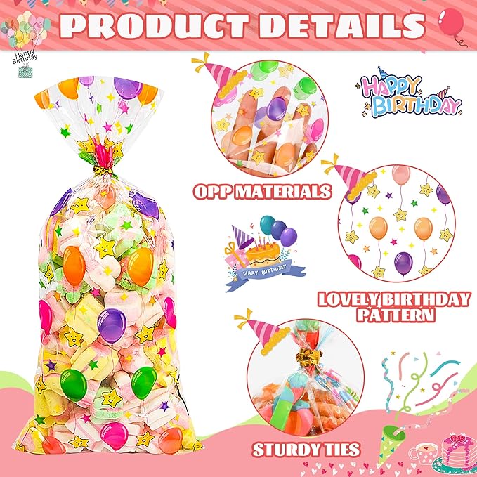 QOIUSO 100PCS Birthday Cellophane Treat Bags with 110 Gold Twist Ties, Clear Goodie Bags for Kids Birthday Party Favors Packaging Candy, Cookies, Treat, Classroom Return Gifts - 4 Colorful Design