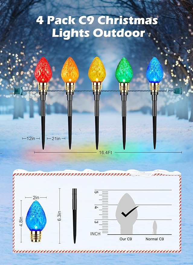 Brightown 4 Pack Strawberry C9 Christmas Pathway Lights Outdoor - Total 69.6 Feet 40 LED Christmas Walkway Light, Christma Light Outdoor Decorations for Yard Lawn Holiday Outside, Multicolor