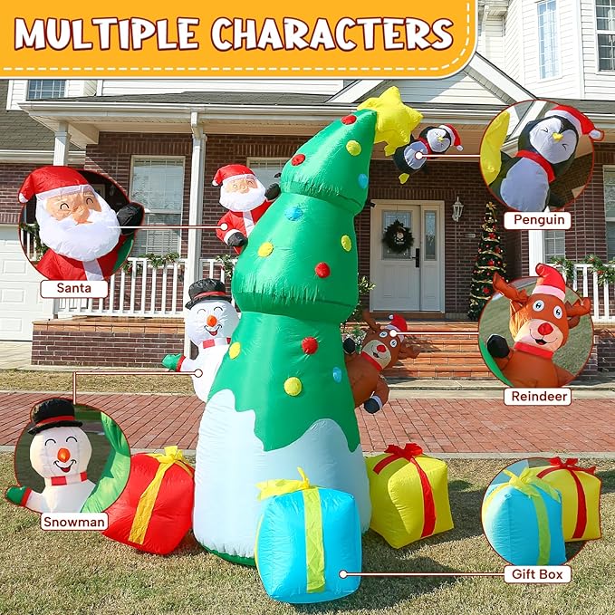 JOYHALO 7FT Inflatable Christmas Tree with Santa Snowman Penguin Reindeer Gift Box, Christmas Inflatables Outdoor Decorations with Bright LED Lights, Christmas Blow Up for Indoor, Lawn, Party Decor