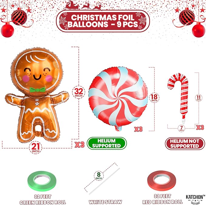 KatchOn, Gingerbread Balloons and Candy Cane Balloon - 32 Inch, Pack of 9 | Christmas Balloons for Gingerbread Christmas Decorations Indoor