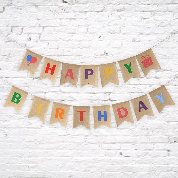 HUIHUANG Rainbow Birthday Banner Set - 2pcs Happy Birthday Banners - 15 Flags - 5" x 78" - Burlap Material - Perfect for Birthday Parties