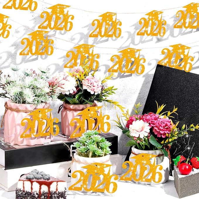 Chinco 24 Pcs 2026 Graduation Decorations Class of 2026 Graduation Centerpieces for Table Glitter Cutouts Grad Cap Tags Double Side Sparkling Glitter Confetti Party Decor for Vase Mason Jar(Gold)
