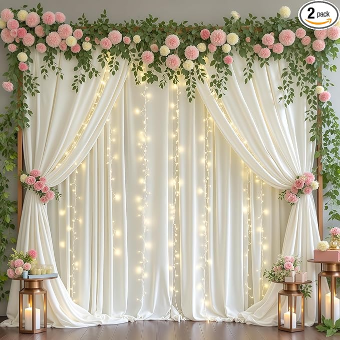 Cream White Backdrop Curtains with Lights for Wedding Parties,10x10FT Wrinkle Free Photo Backdrop Curtains Fabric Drapes for Baby Shower Ceremony Photography Photoshoot Decorations-5ft x 10ft 2 Panels