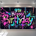 Neon 9th Happy Birthday Banner 71x43 Inch Paint Splatter Glow in The Dark Party Backdrop Colorful Wall Decor for Kids Boys Girls Ninth Birthday Celebrations Photo Booth Props Event