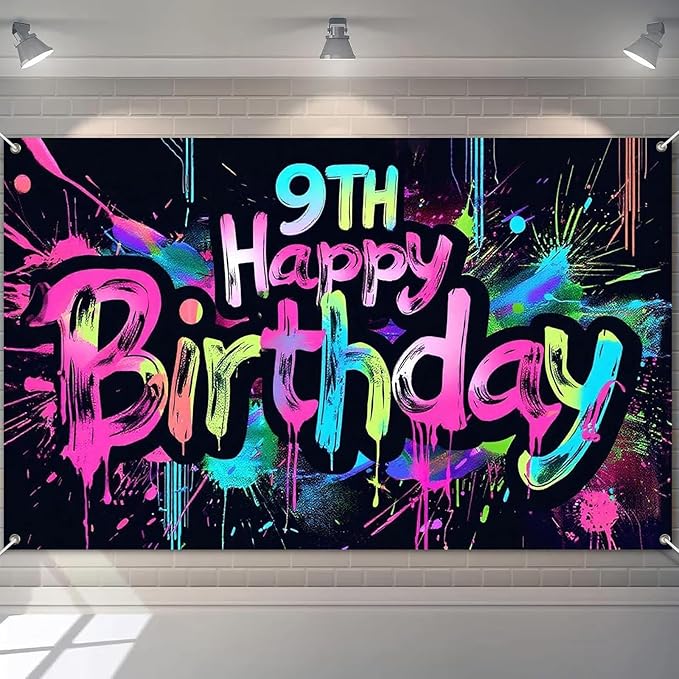 Neon 9th Happy Birthday Banner 71x43 Inch Paint Splatter Glow in The Dark Party Backdrop Colorful Wall Decor for Kids Boys Girls Ninth Birthday Celebrations Photo Booth Props Event
