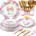 350 Pcs Tea Party Supplies Spring Summer Tea Party Tableware Set Disposable Plates Napkins Paper Cups Plastic Cutlery Set for Birthday Bridal Baby Shower Serves 50