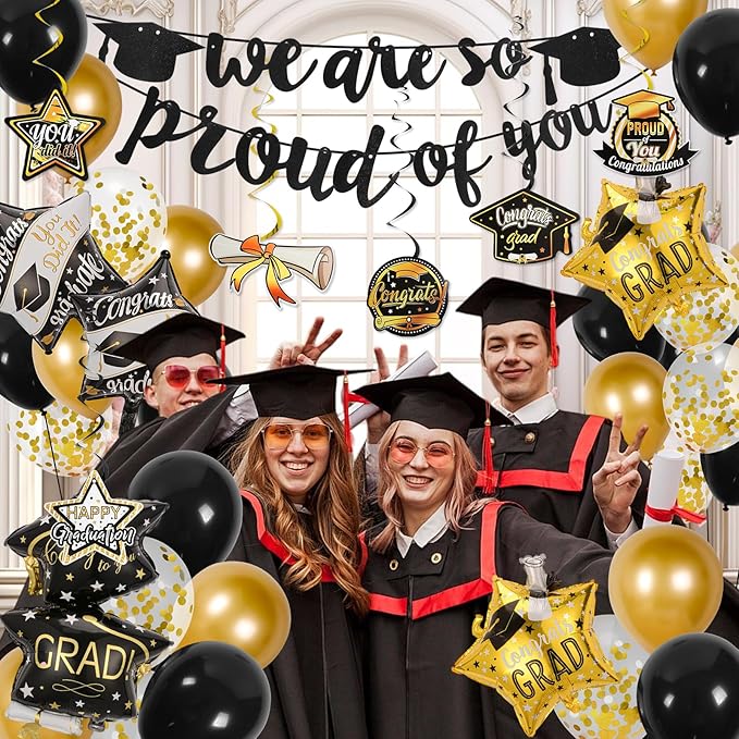 Graduation Decorations 2026,We Are So Proud of You Banner, Black and Gold Confetti Balloon,Foil Balloons, Hanging Congrats Grad Swirls for High School,College Graduation Party Supplies
