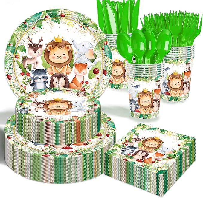 Jungle Animals Party Decorations - 350 Pcs Safari Animal Baby Shower Plates and Napkins, Wild Animals Theme Disposable Tableware Set for Baby Shower Zoo Birthday Party Supplies Favors, Serves 50