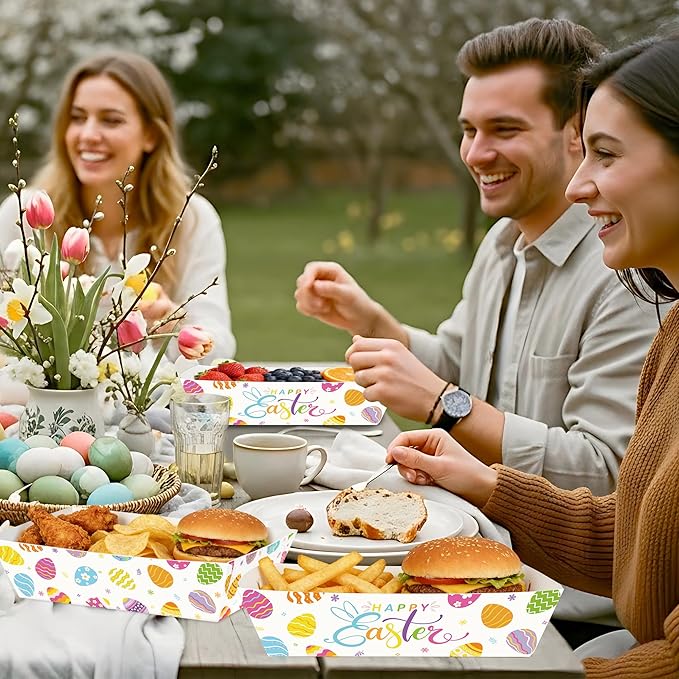 100 Pcs Easter Food Trays, Happy Easter Decor Serving Trays, 2 Style Disposable Paper Spring Decor, Large Multicolor Egg Decoration for Party Table Supplies for Snack Food, 5.94 X 3.34 X 2.16 Inches