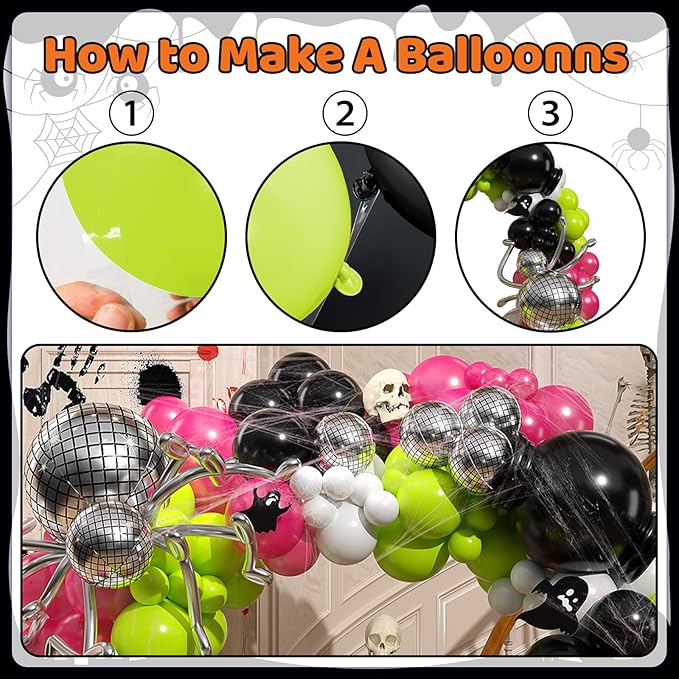 Halloween Balloons Arch Kit, Black Green Hot Pink Balloon Garland Kit with 4D Disco Spider Balloon, Black Pink White Metallic Silver Long Balloons for Halloween Birthday Home Garden Party Decorations