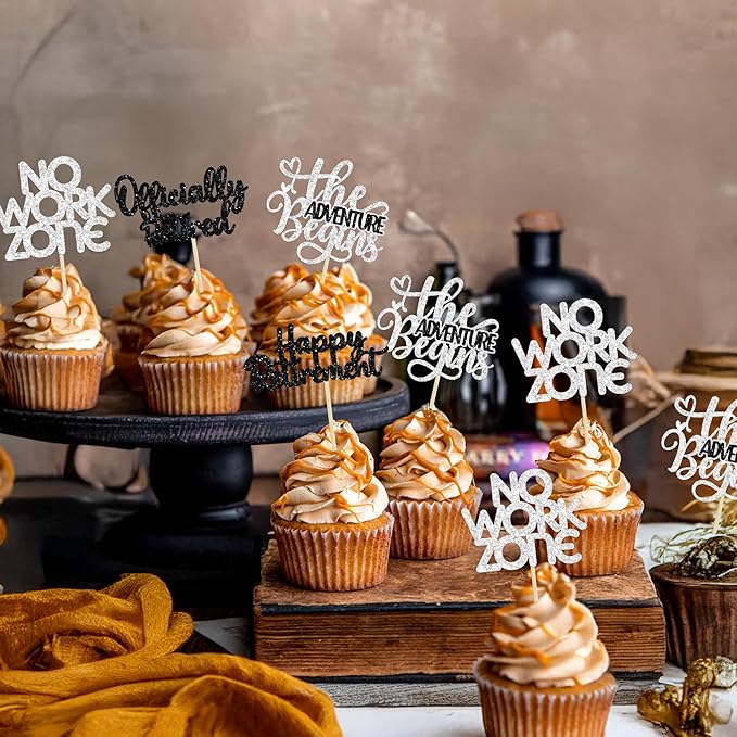 24Pcs Happy Retirement Cupcake Toppers Officially Retired Cake Toppers No Work Zone Adventure Begins Cupcake Picks Retirement Theme Farewell Birthday Party Decorations Supplies Silver