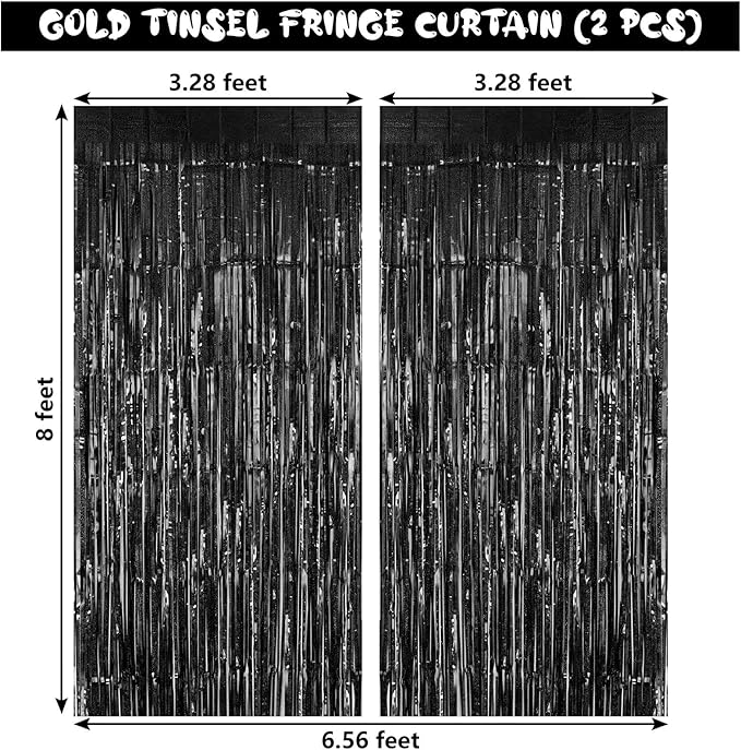 Black Tinsel Foil Fringe Curtain Backdrop, 3.3 x 8.2 ft Metallic Glitter Curtain Streamers, 2 Pack Black Photoboth for Birthday Halloween Bachelorette Party Decorations Photo Booth