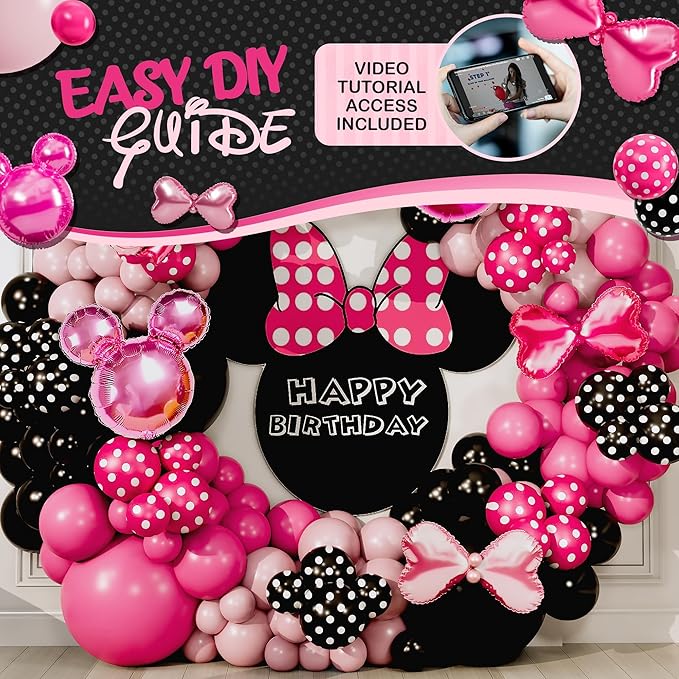 ALL-IN-1 Minnie Balloon Arch Kit with BONUS Bow & Mouse Head - Mini Mouse Balloons for Birthday Decorations & Oh Twodles Party Supplies Girl - Minnie Birthday Party, Baby Shower