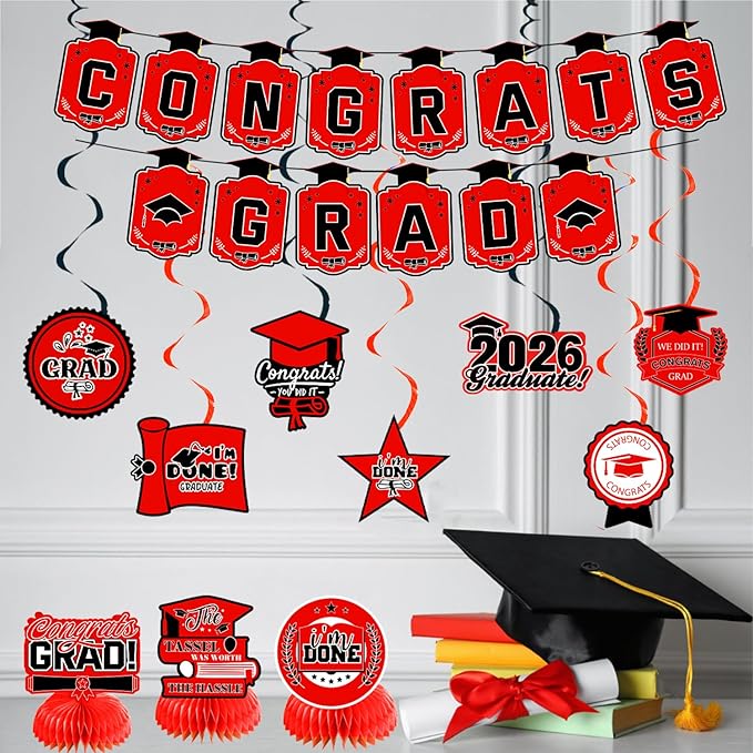 Graduation Decorations 2026 Red Themed Set - Congrats Grad Banner, Class of 2026 Backdrop, Balloons & Streamers Kit - Complete Party Supplies for High School & College Celebrations
