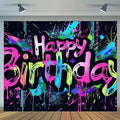 Neon Happy Birthday Banner - 71x43 Photography Backdrops, Party Background Decorations, Colorful Graffiti Splash Paint Kids Birthday Supplies, Glow in The Dark