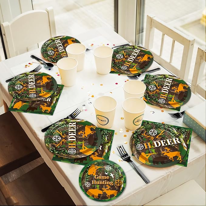 chiazllta 96 Pcs Hunting Camo Party Paper Plates and Napkins Supplies Deer Hunting Party disposable Plates Tableware Hunting decorations for Kids Party Favors 24 Guests