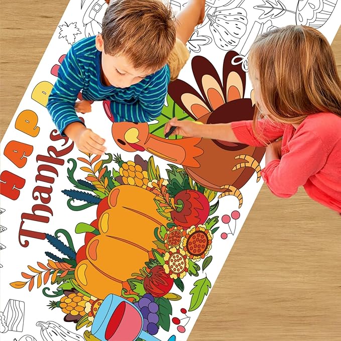 30 x 72 Inches Thanksgiving Giant Coloring Poster/Tablecloth, Paper Table Cover, Jumbo Paper Coloring Banner Games Activities for Kids Gifts, Thanksgiving Party Decorations