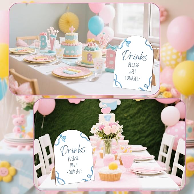 Blue Bow Drinks Please Help Yourself Sign for Baby Shower, 6x8 Inch Arch Wooden Sign with Stand, Blue Baby Shower Table Sign, Gender Neutral Party Decoration - QW10