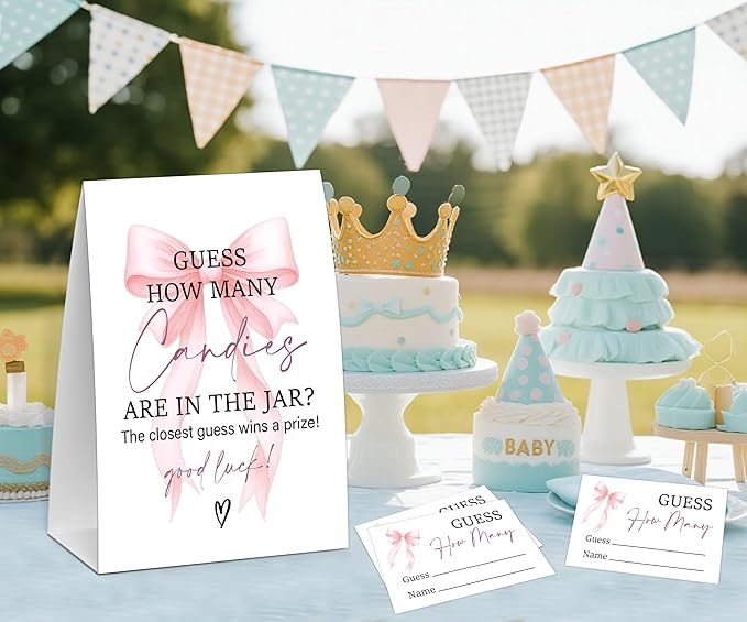Pink Bow Guess How Many Candies Are In The Jar Game, Baby Shower Game, Include One 5×7 Sign and 50 Guessing Cards, Pink Coquette Bow Gender Reveal Party Decoration Supplies - FE17